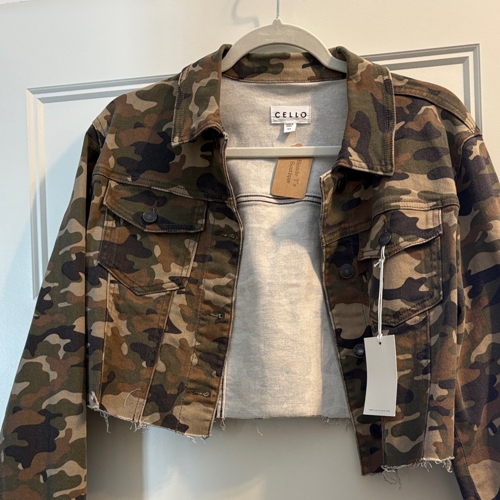 Cello Camouflage Cropped Jacket with Frayed Hem